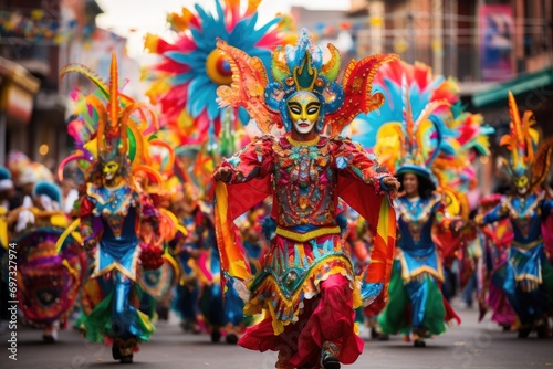 Participants in the Sinulog festival in Las Vegas, Nevada. The Sinulog is the centre of the Santo NiÃ±o Catholic celebrations in the world, A lively colorful carnival parade with, AI Generated
