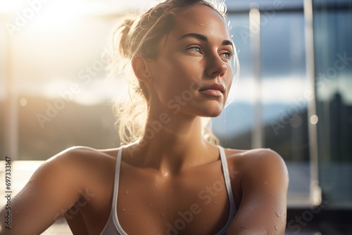 Closeup view of young woman relaxing after exercise sweaty female body