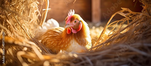 A hen hatches eggs in a nest of straw in a sunny henhouse.