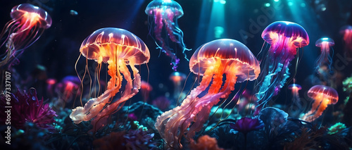 Glowing jellyfish in dark water variant two.