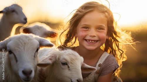A close-up of a goat and chickens standing in front of a girl.