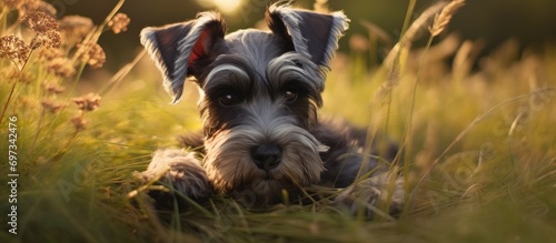 Schnauzer puppy scratching ear while sitting in meadow.