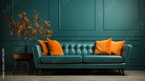 Habitación con decoración minimalista de color verde y un sofá de color verde con cojines naranjas
