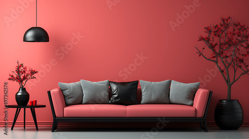 Habitación con decoración minimalista de color rosa y un sofá de color rosa
