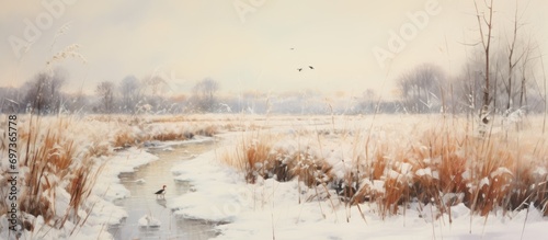 Snowy winter road through reeds.