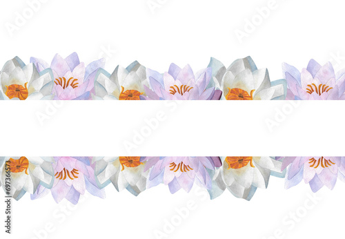 Watercolor floral banner template with delicate lilac and white waterlilies Poster for Women's day 2025 decoration design certificate wrapping invitation postcard print Botanical border Background