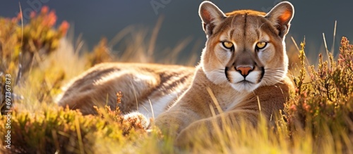 Relaxed puma in grass, Torres del Paine, Chile.