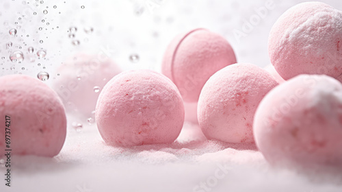 Beautiful fizzy pink bath bombs. Round multicolored balls for bathing and relaxation. Handmade aromatic bath bomb.
