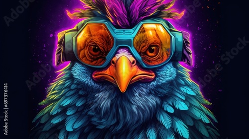 cool cyber punk chicken wearing sunglasses on a solid color background, vector art, digital art, faceted, minimal, abstract.