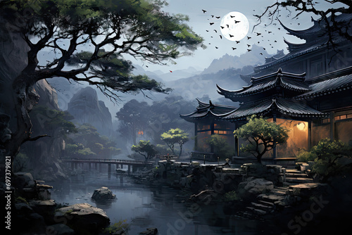 Fantasy landscape with old Chinese architecture and a big full moon