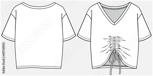 V NECKLINE TEE WITH CENTER FRONT DRAWSTRING DETAIL DESIGNED FOR TEEN AND KID GIRLS IN VECTOR ILLUSTRATION FILE