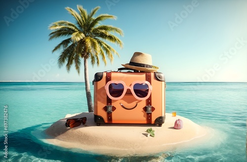 a cute travel suitcase on a small island