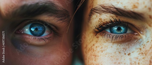 Expressive blue eyes of a man and a woman, revealing the depth of emotions and connection within their gaze
