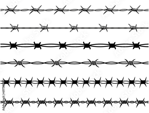 Barbed wire. Razor wire silhouettes. Barbed wire metallic border elements, sharply barb wire fencing vector symbols set. Prison barbed wire
