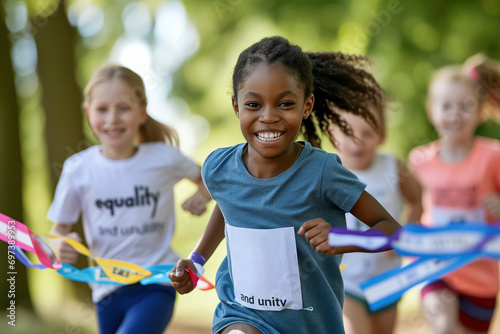 Child race towards equality: Diverse young athletes reach the finish line with smiles at an outdoor school sports event.