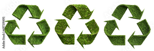 Set of recycling symbols made from grass texture cut out on a transparent background. Concept for recycling bottles or clothes. Design element on ecology theme