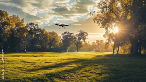 Remote-controlled airplane flying over a park at sunset