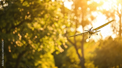 Remote-controlled model airplane flying in a sunlit park
