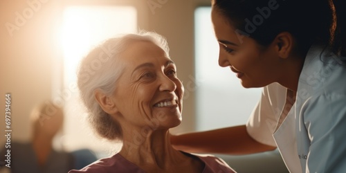 A nurse providing assistance to an elderly woman with a warm smile. Suitable for healthcare and elderly care themes