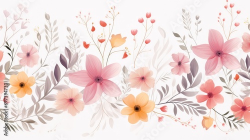 delicate and elegant floral pattern with delicate flowers and foliage. Various types of flowers in pink and orange are scattered. Green leaves .Light background