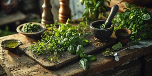 Fresh herbs arranged on a wooden cutting board with a mortar. Perfect for culinary and herbal medicine concepts