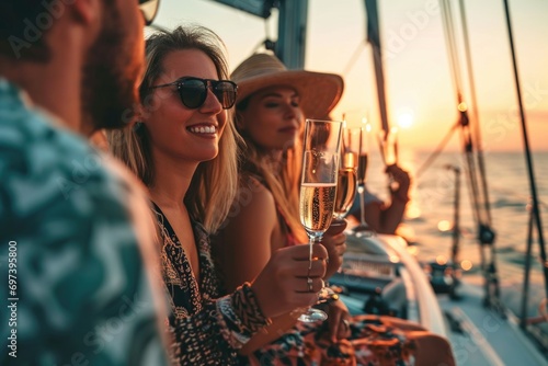 A group of people sitting on top of a boat. Suitable for travel or leisure themes