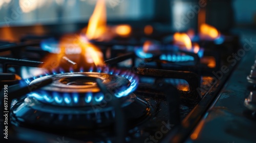 Close-up view of a gas stove with flames. Ideal for showcasing the heat and intensity of a gas stove. Can be used in cooking blogs, kitchen appliance advertisements, or articles about home cooking