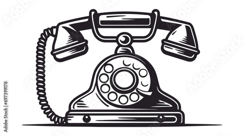 Vector logo of hand drawn illustration of retro phone in vintage engraved style