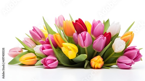 A bouquet of colourful tulips isolated on a white background. Copy space