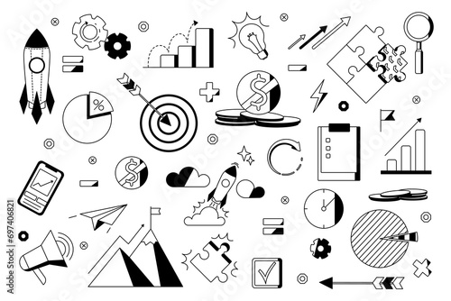 Set of black and white icons for business, startup, company, planning, managing