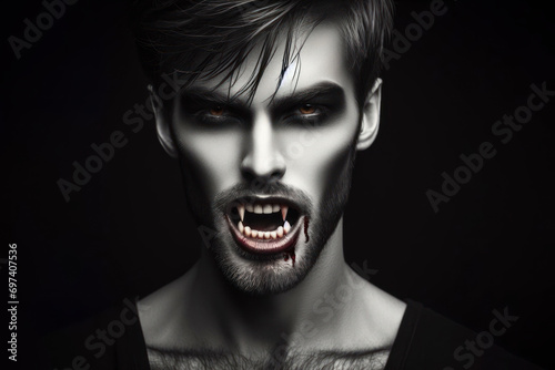 Portrait of a vampire with teeth on a black background. ai generative
