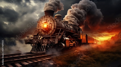 An ancient train engine in motion, with its exhaust forming a striking backdrop.