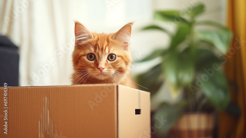 red cat sitting in a cardboard box on blurred living room background, moving concept