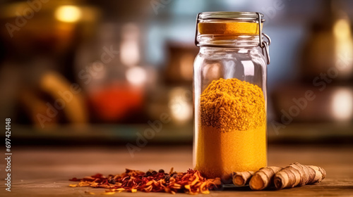 Transform your kitchen with vibrant turmeric in an exquisite glass bottle.