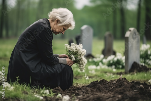 Senior Woman Grieving at Grave with White Blooms
