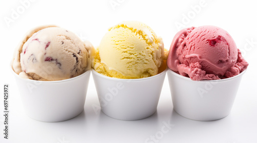 Ice cream balls in paper cup. Neapolitan ice cream scoops in white cups of chocolate. AI Generative