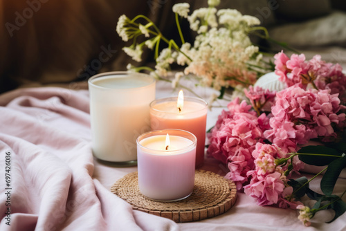 Scented burning candles and fresh flowers. Hygge atmosphere. Generative AI
