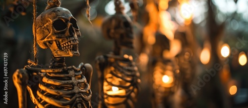 Halloween decor: skeletons hung by the neck with dark silhouettes.