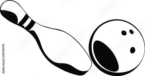 Cartoon Black and White Isolated Illustration Vector Of A Bowling Ball Knocking Over A Bowling Pin