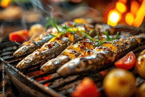 Grilled sardines with peppers, olive oil, and bread. Traditional Portuguese food, typical of popular festivals, popular saints Portugal