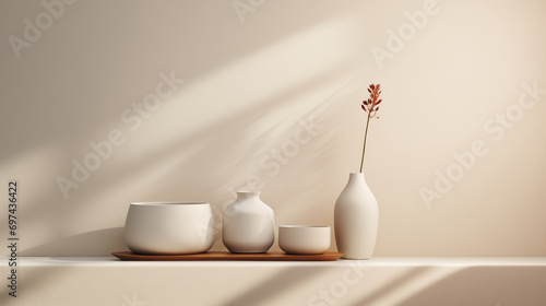 Minimal interior of white vase with flowers on wooden plate. Sunlight on white wall, white ceramic arrangement for decoration. Luxury skincare, cosmetic, tea product still life. 