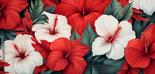 Vibrant tropical floral pattern with red poppies and white magnolias on a roughened 3D wall surface