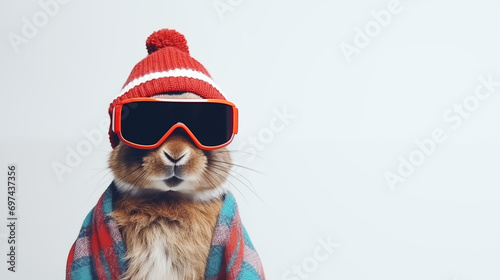Banner. Cool bunnies wearing glasses and a hat with copy space as a ski resort concept