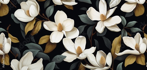 Vibrant tropical floral pattern background showcasing eggshell white magnolias and dark olive branches on a 3D cork wall