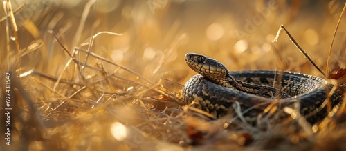 Brown dry grass is where you'll find the European grass snake, also known as the ringed snake or water snake.