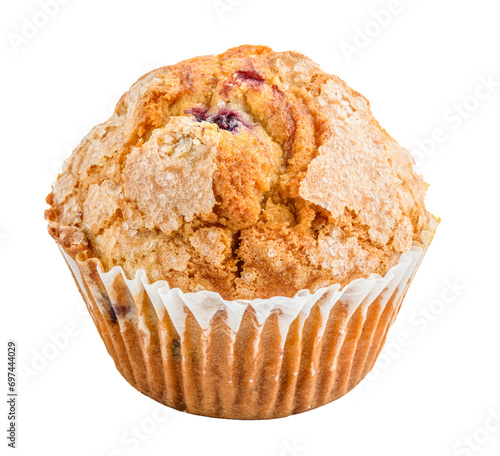 Fresh baked blueberry muffin with sugar crystals on top, isolated on transparent background 