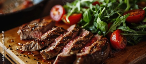 Close-up of sliced grilled beef striploin steak and salad with tomatoes and arugula on cutting board.