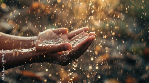 A blurred image of hands reaching out for rain in a drought-stricken area, highlighting the impact of climate change on water scarcity.