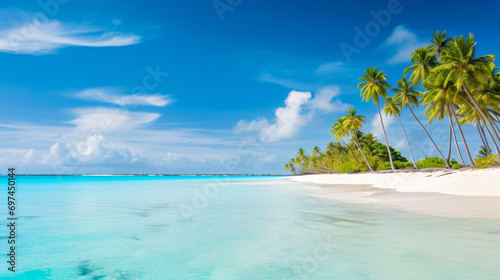 A tropical beach landscape with palm trees white sand and turquoise waters under a sunny sky.