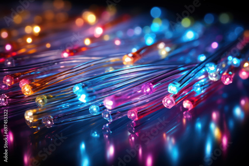 Fiber optic strands emitting a soft and colorful luminescence, demonstrating the versatility of light in modern communication technologies. Generative Ai.